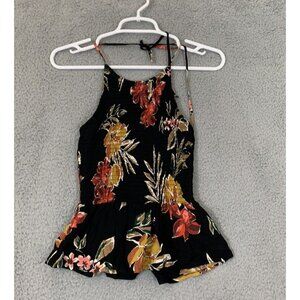 Patrons Of Peace XS Black Floral Halter Tank Top Women's Ruffle Smocked Stretch